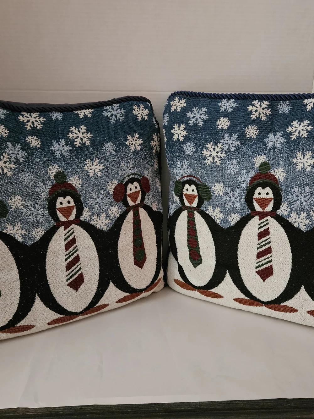 Holiday Penguin Throw Pillow Pair - Blue and White